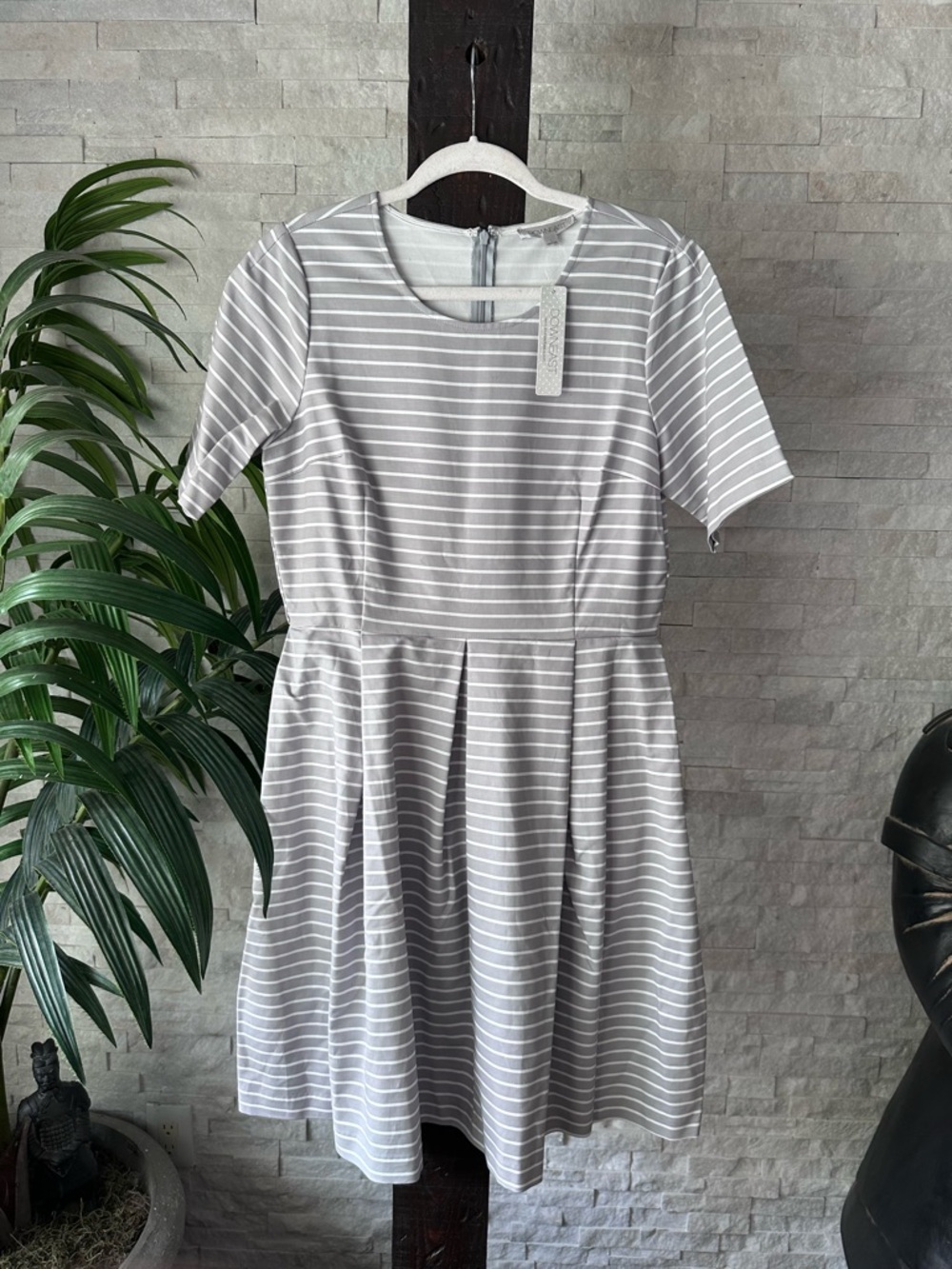 DownEast Gray & White Fit-and-Flare Coastal Stripe Modest Dress Size L New Tags